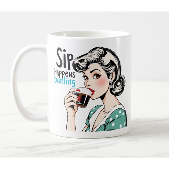 Sip Happens, Darling! Sassy Retro Pinup Mug - Picture 1 of 4